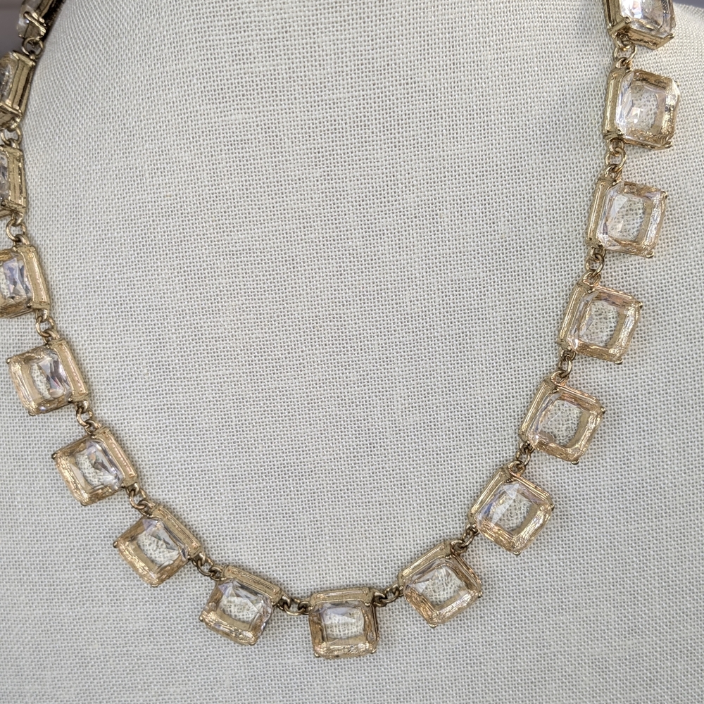 2 Vintage Gold Tone Layered Necklaces Champagne Glass Crystal Square Link Set - Picture 12 of 12
